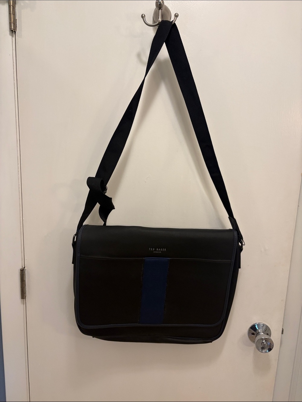 Ted Baker Black Messenger Bag with Navy Center Stripe